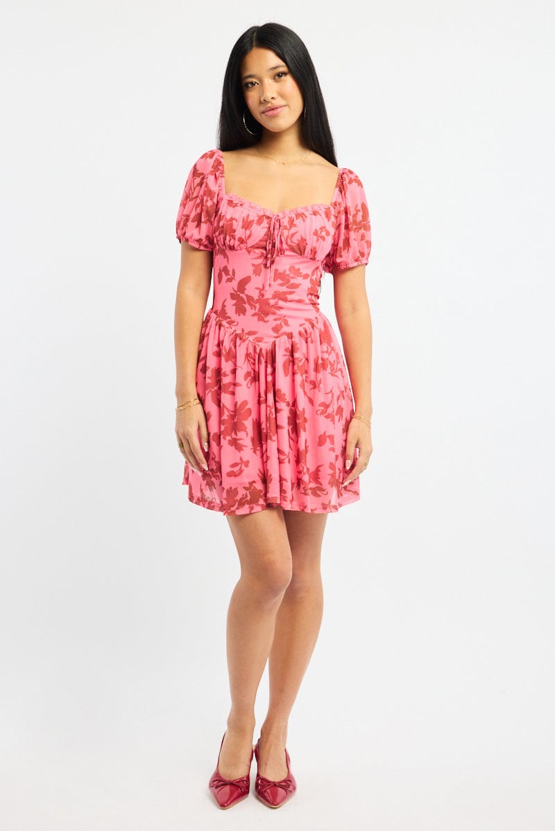 Pink Floral Fit And Flare Dress Puff Sleeve Mesh | Ally Fashion Pink Floral Fit And Flare Dress Puff Sleeve Mesh | Ally Fashion