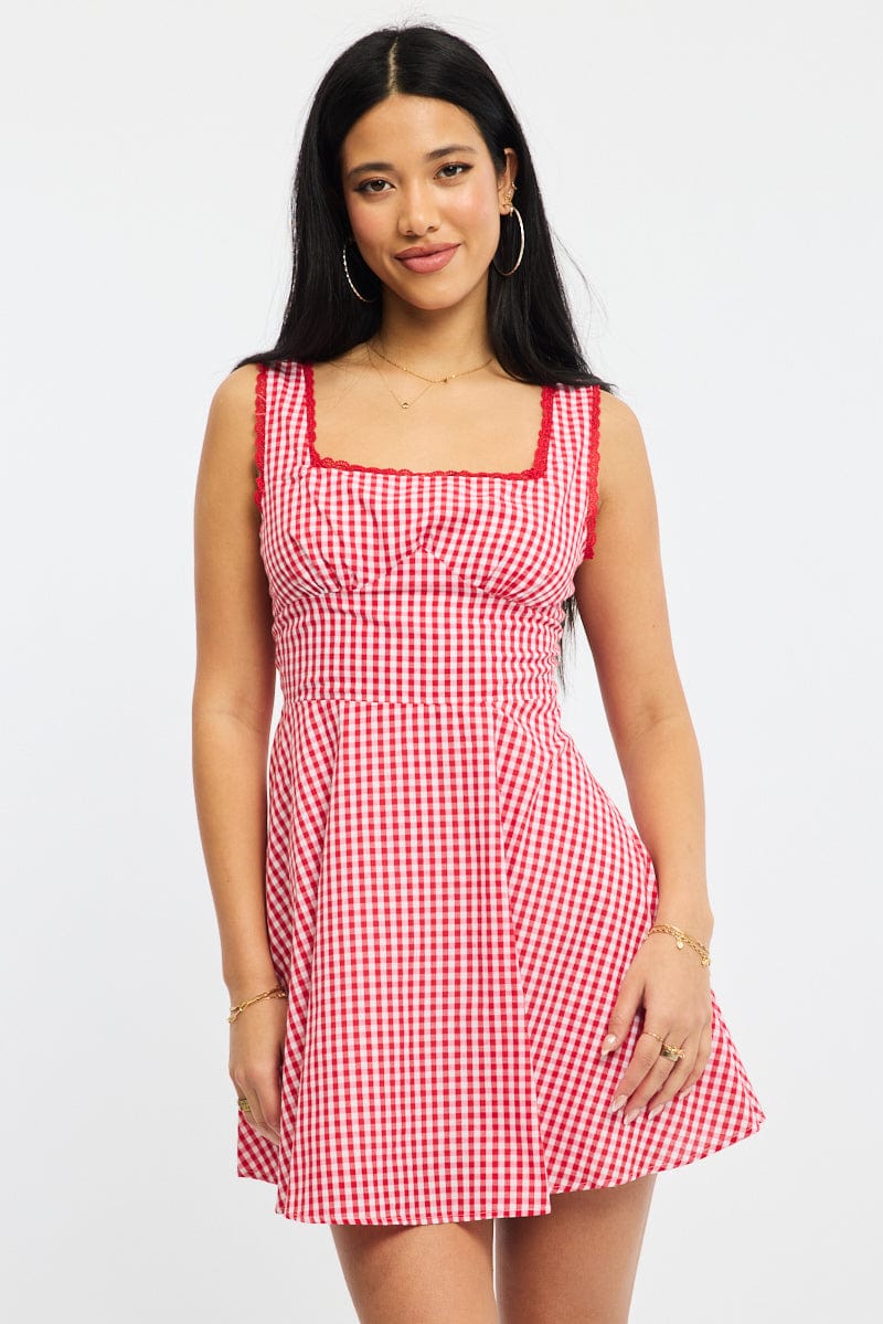 Red Check Mini Dress Sleeveless for Ally Fashion