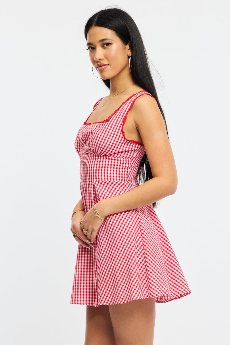 Red Check Mini Dress Sleeveless for Ally Fashion