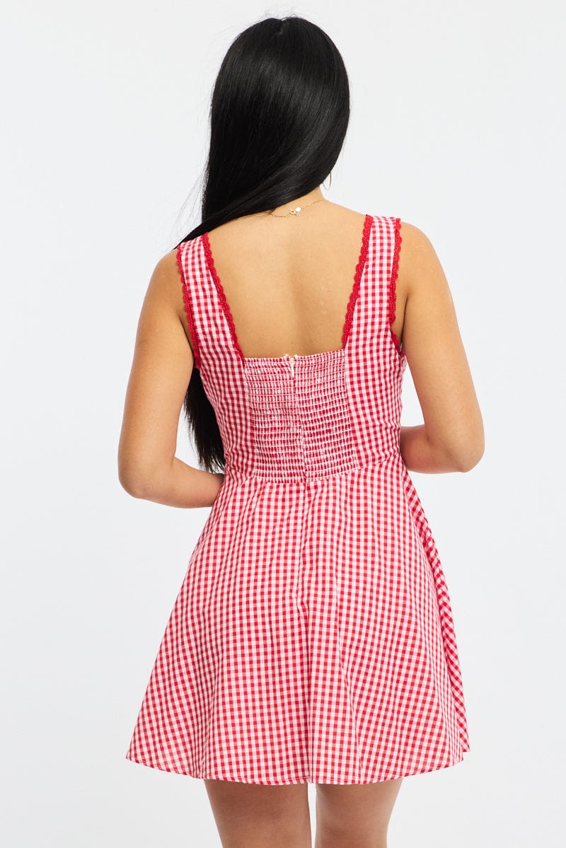 Red Check Mini Dress Sleeveless for Ally Fashion