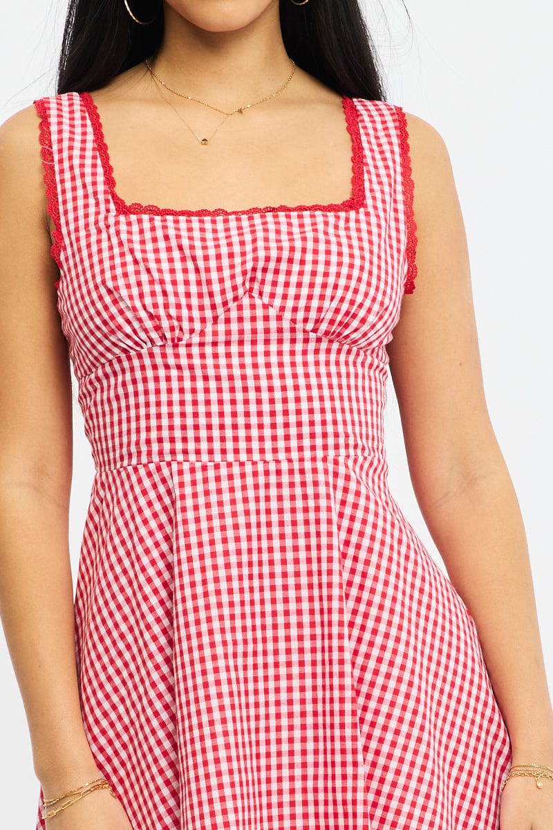 Red Check Mini Dress Sleeveless for Ally Fashion