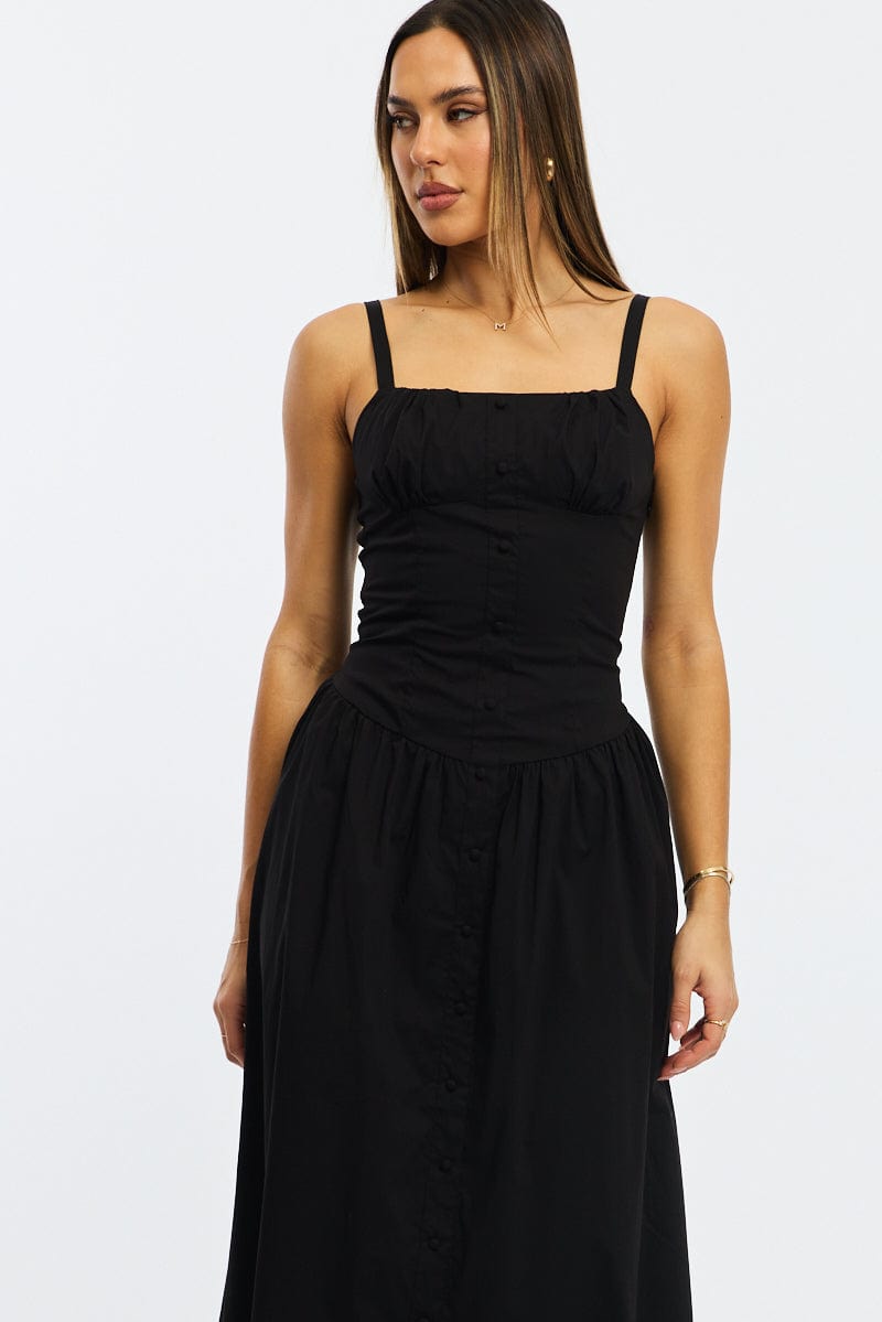 Black Midi Dress Sleeveless Poplin for Ally Fashion