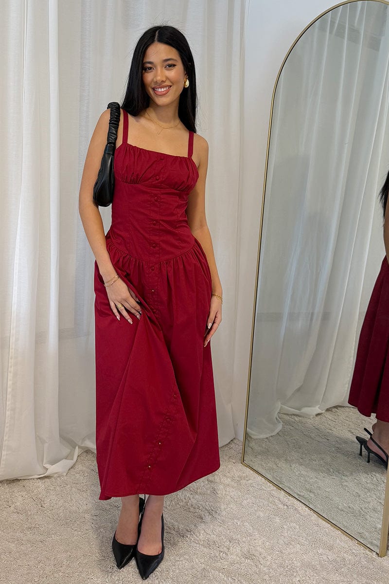 Red Midi Dress Sleeveless Poplin Red Midi Dress Sleeveless Poplin