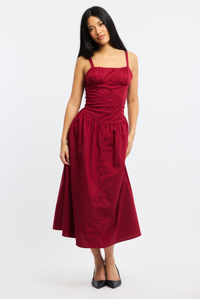 Red Midi Dress Sleeveless Poplin for Ally Fashion