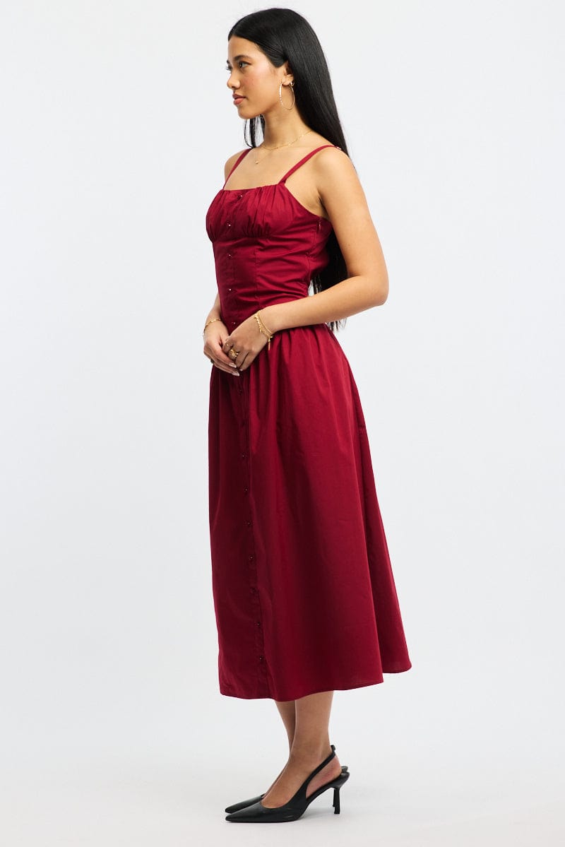 Red Midi Dress Sleeveless Poplin for Ally Fashion
