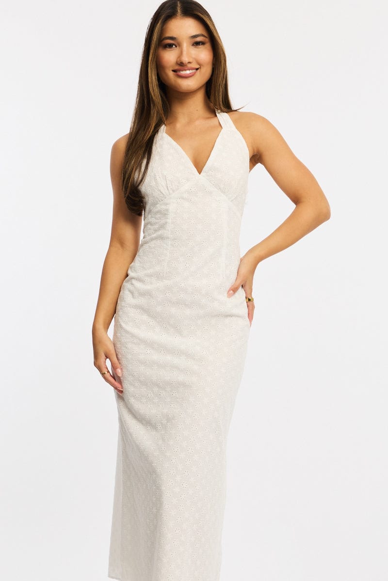 White Halter Neck Dress Eyelet Fabric for Ally Fashion