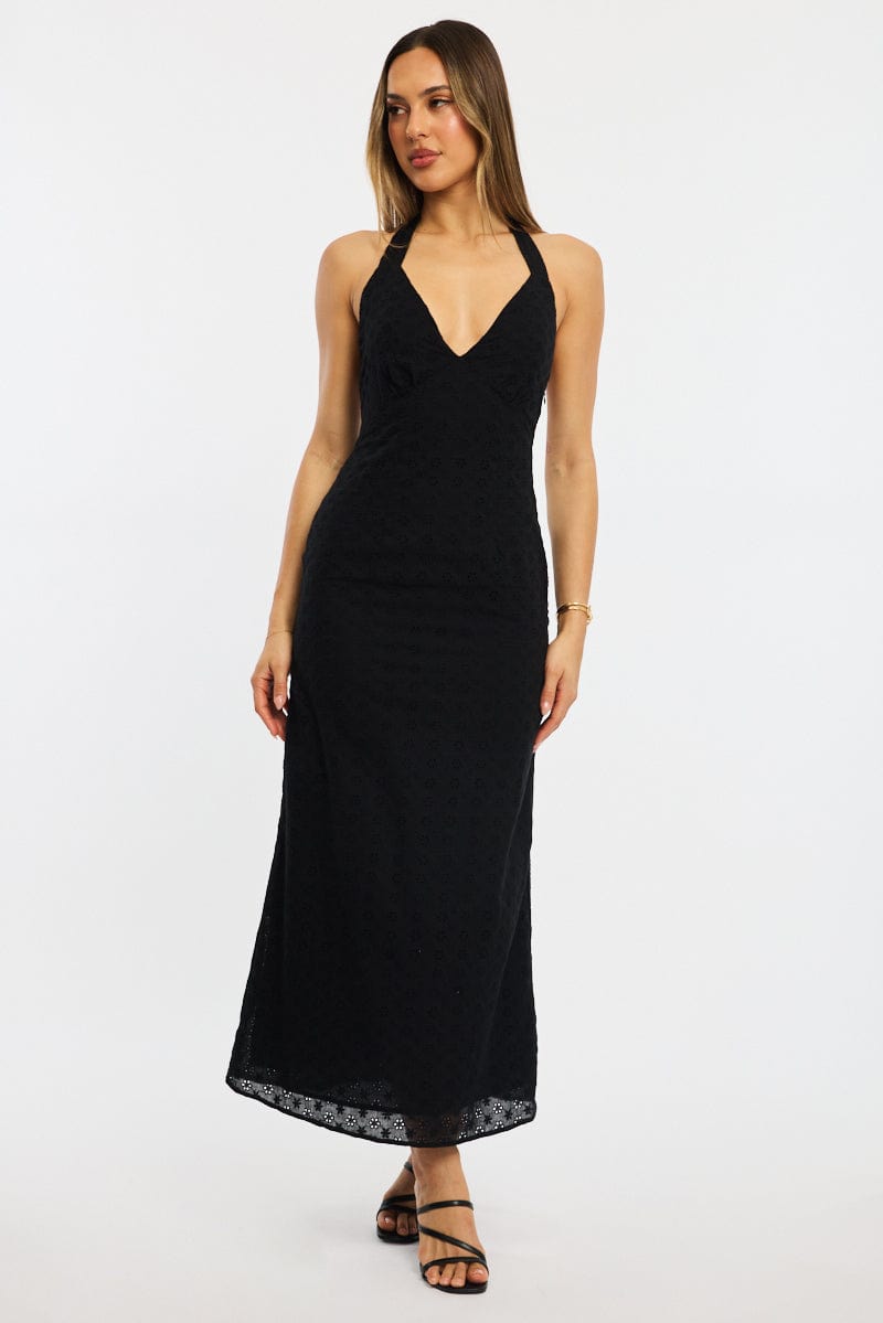 Black Halter Neck Dress Eyelet Fabric for Ally Fashion