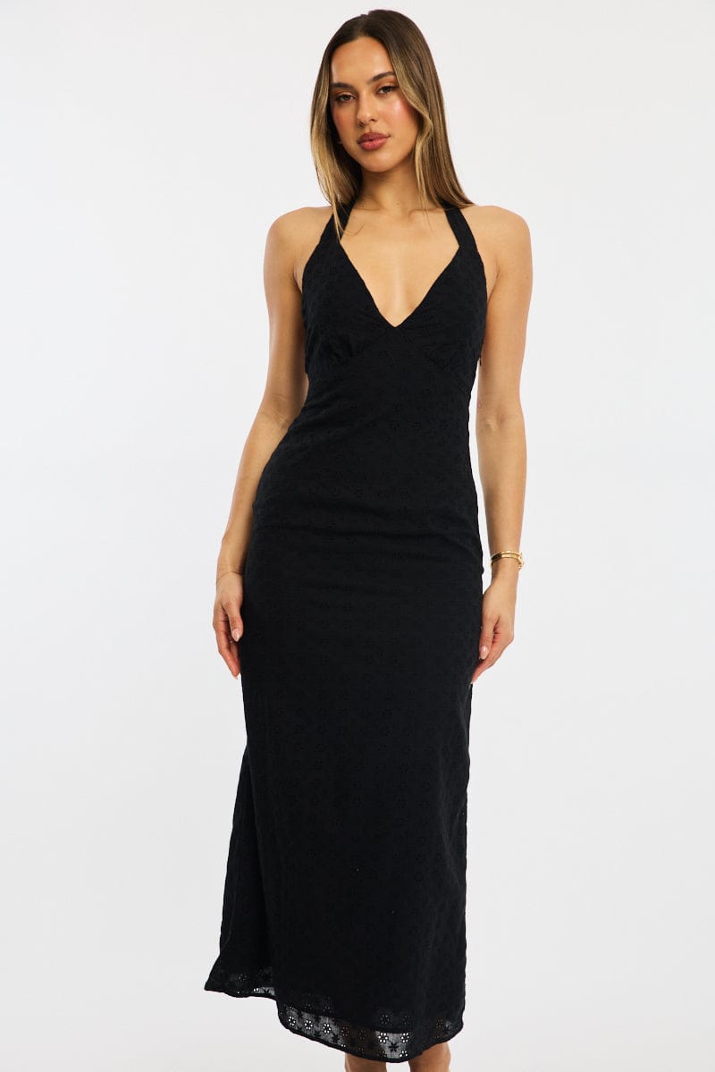 Black Halter Neck Dress Eyelet Fabric for Ally Fashion