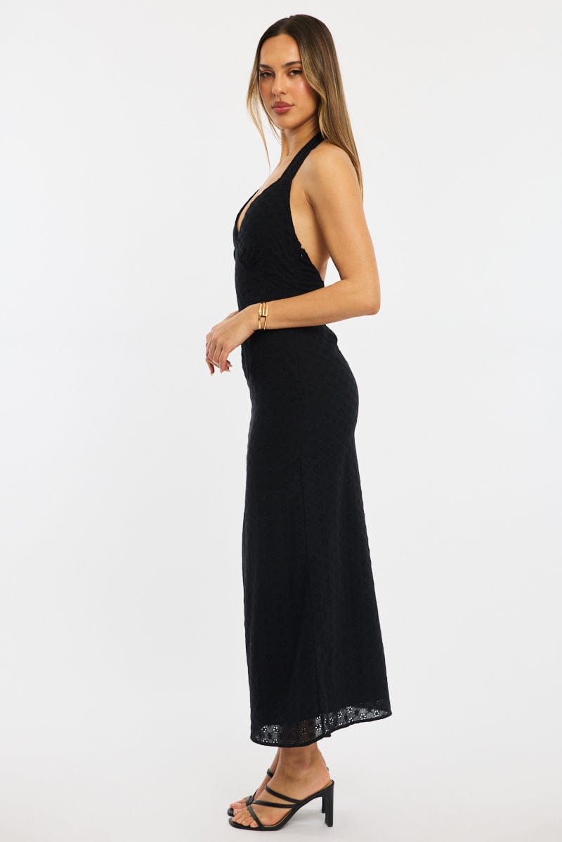 Black Halter Neck Dress Eyelet Fabric for Ally Fashion