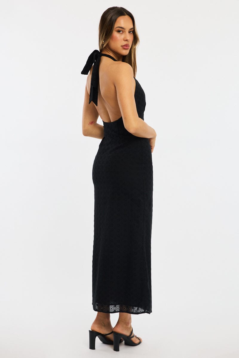 Black Halter Neck Dress Eyelet Fabric for Ally Fashion
