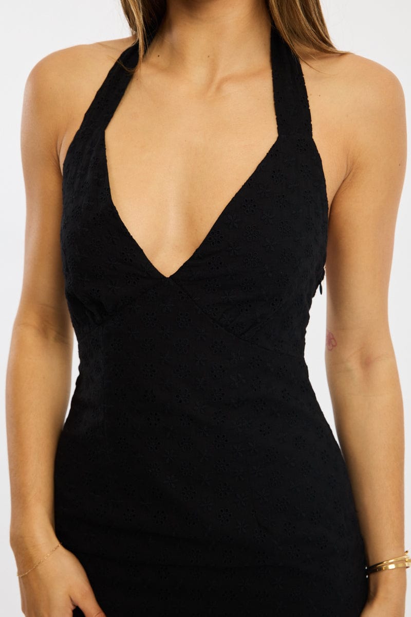 Black Halter Neck Dress Eyelet Fabric for Ally Fashion