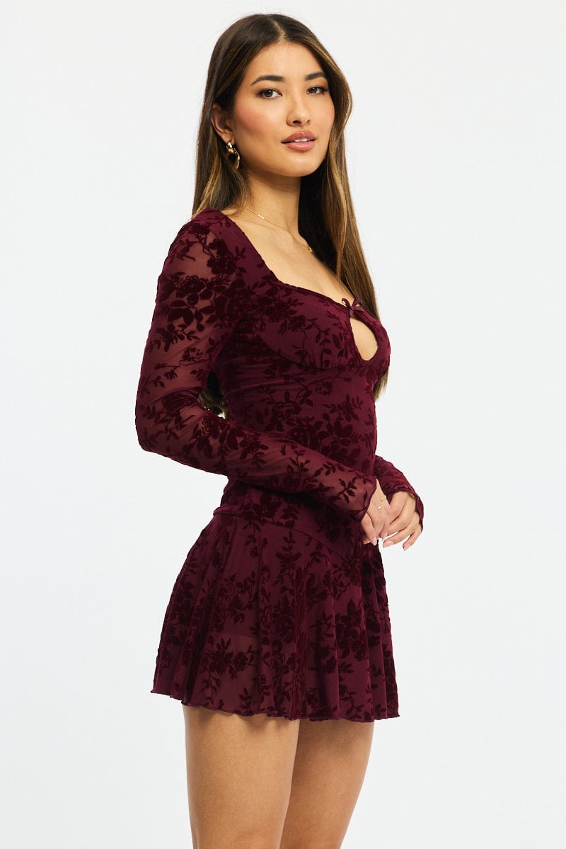 Red Fit And Flare Dress Long Sleeve Burn Out for Ally Fashion