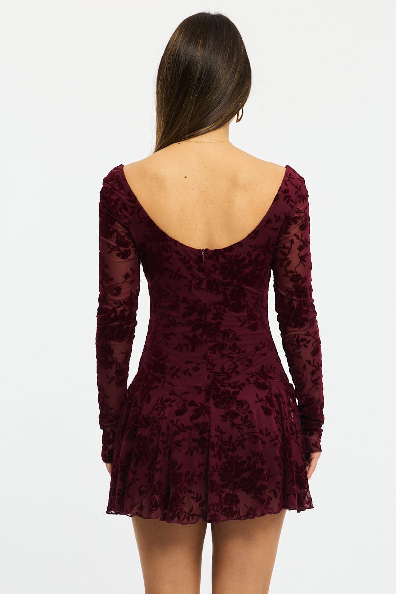 Red Fit And Flare Dress Long Sleeve Burn Out for Ally Fashion
