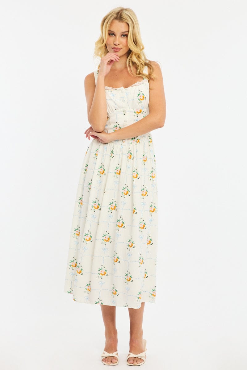 White Floral Midi Dress Gathered Bust Lace Trim for Ally Fashion