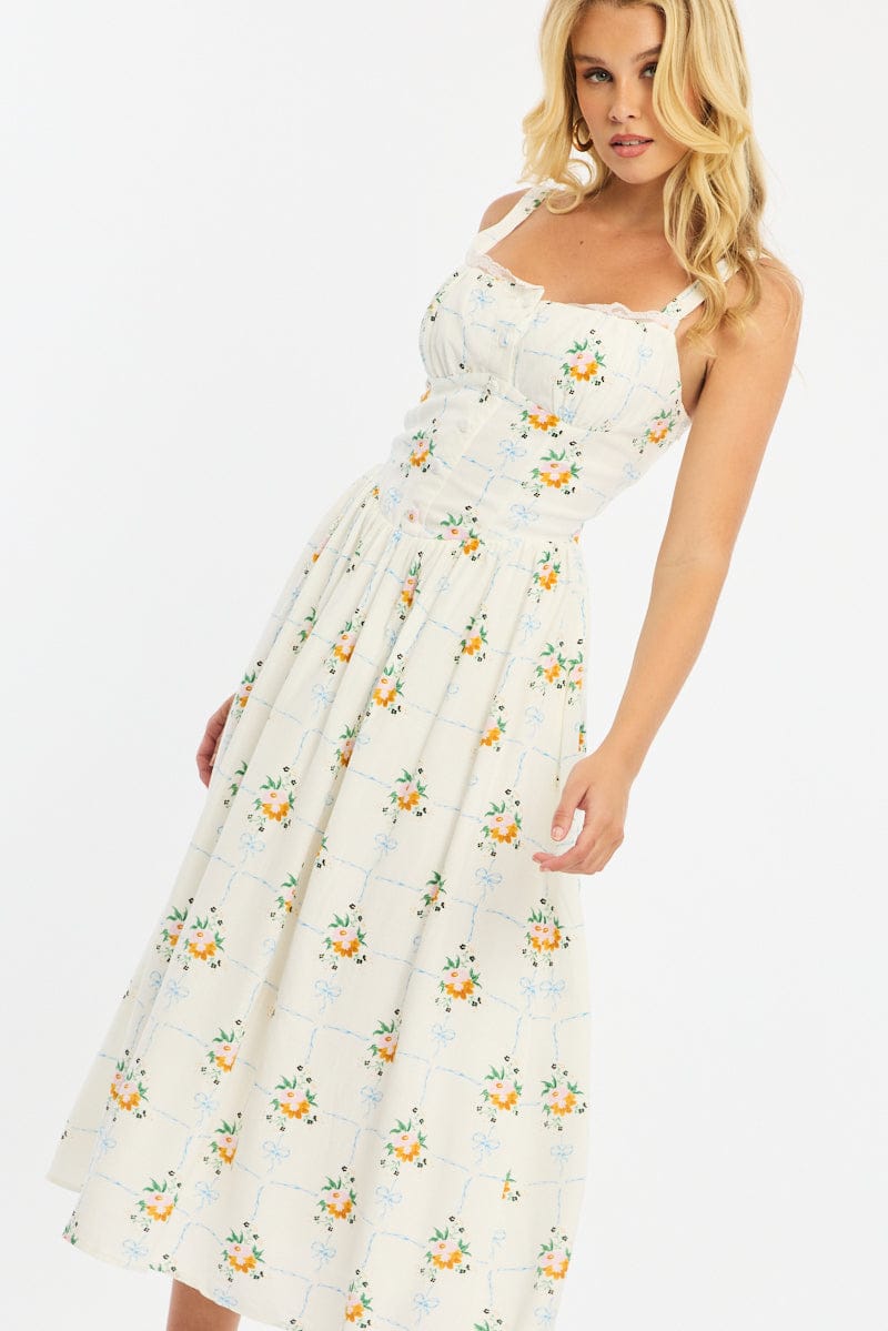 White Floral Midi Dress Gathered Bust Lace Trim | Ally Fashion White Floral Midi Dress Gathered Bust Lace Trim | Ally Fashion