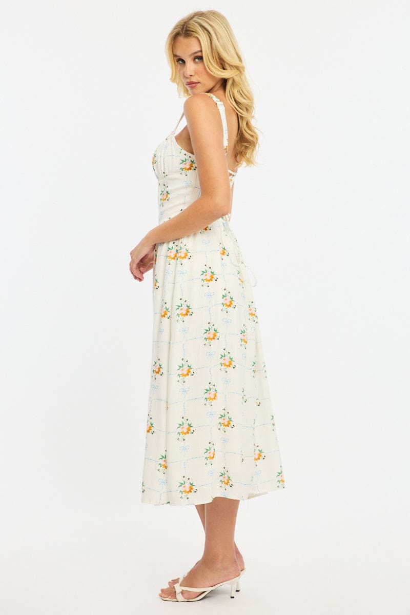 White Floral Midi Dress Gathered Bust Lace Trim for Ally Fashion