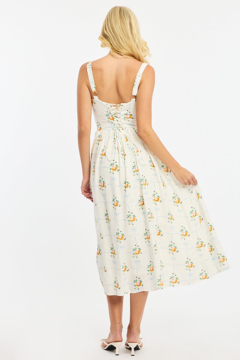 White Floral Midi Dress Gathered Bust Lace Trim for Ally Fashion