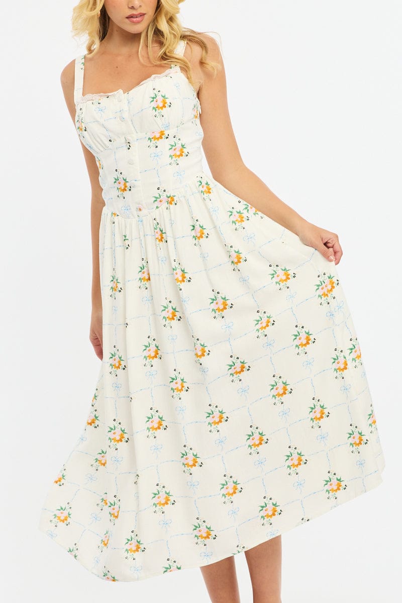 White Floral Midi Dress Gathered Bust Lace Trim for Ally Fashion