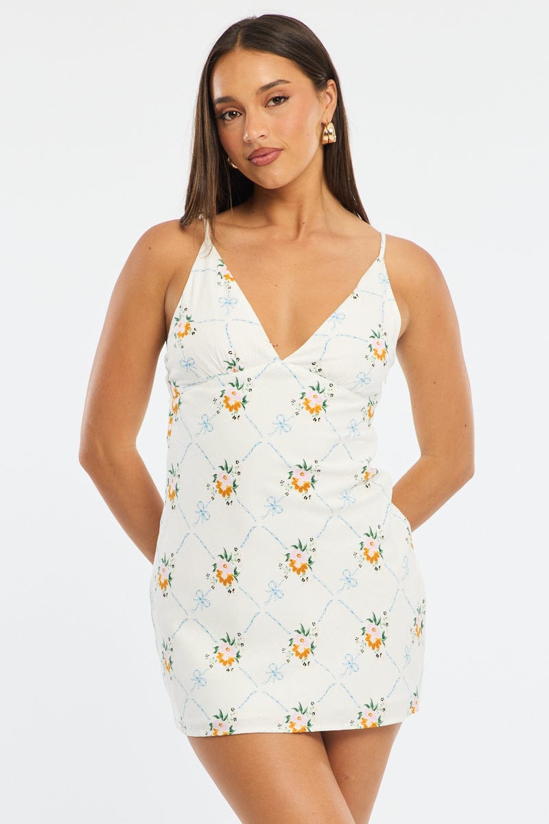 White Floral Mini Dress V-neck for Ally Fashion