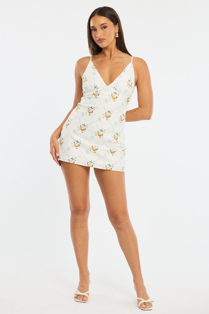 White Floral Mini Dress V-neck for Ally Fashion