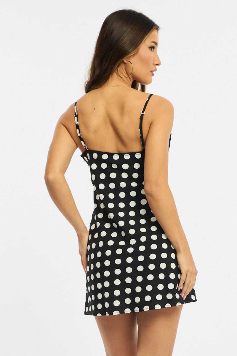 Black Polka Dot Mini Dress V-neck