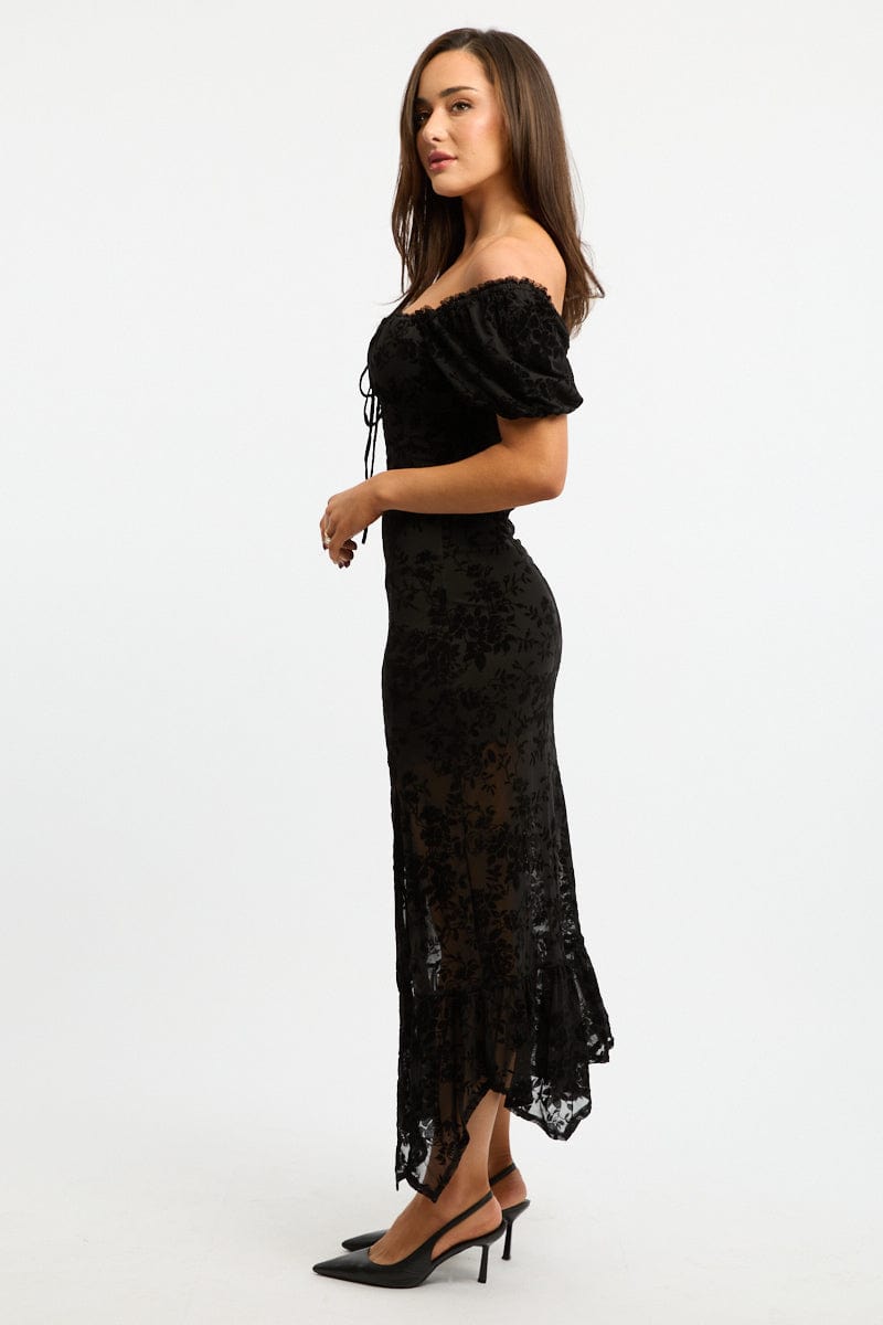 Black Midi Dress Puff Sleeve Mesh for Ally Fashion