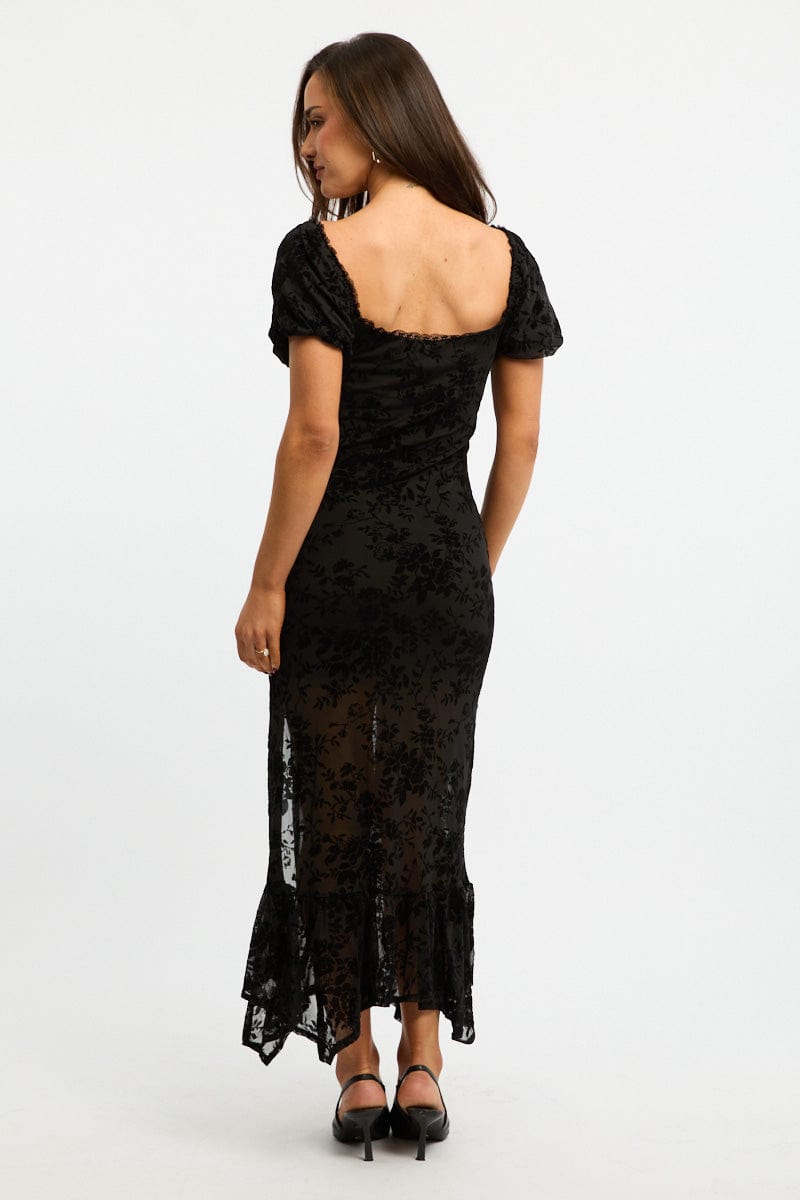 Black Midi Dress Puff Sleeve Mesh for Ally Fashion