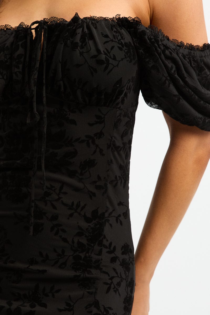 Black Midi Dress Puff Sleeve Mesh for Ally Fashion