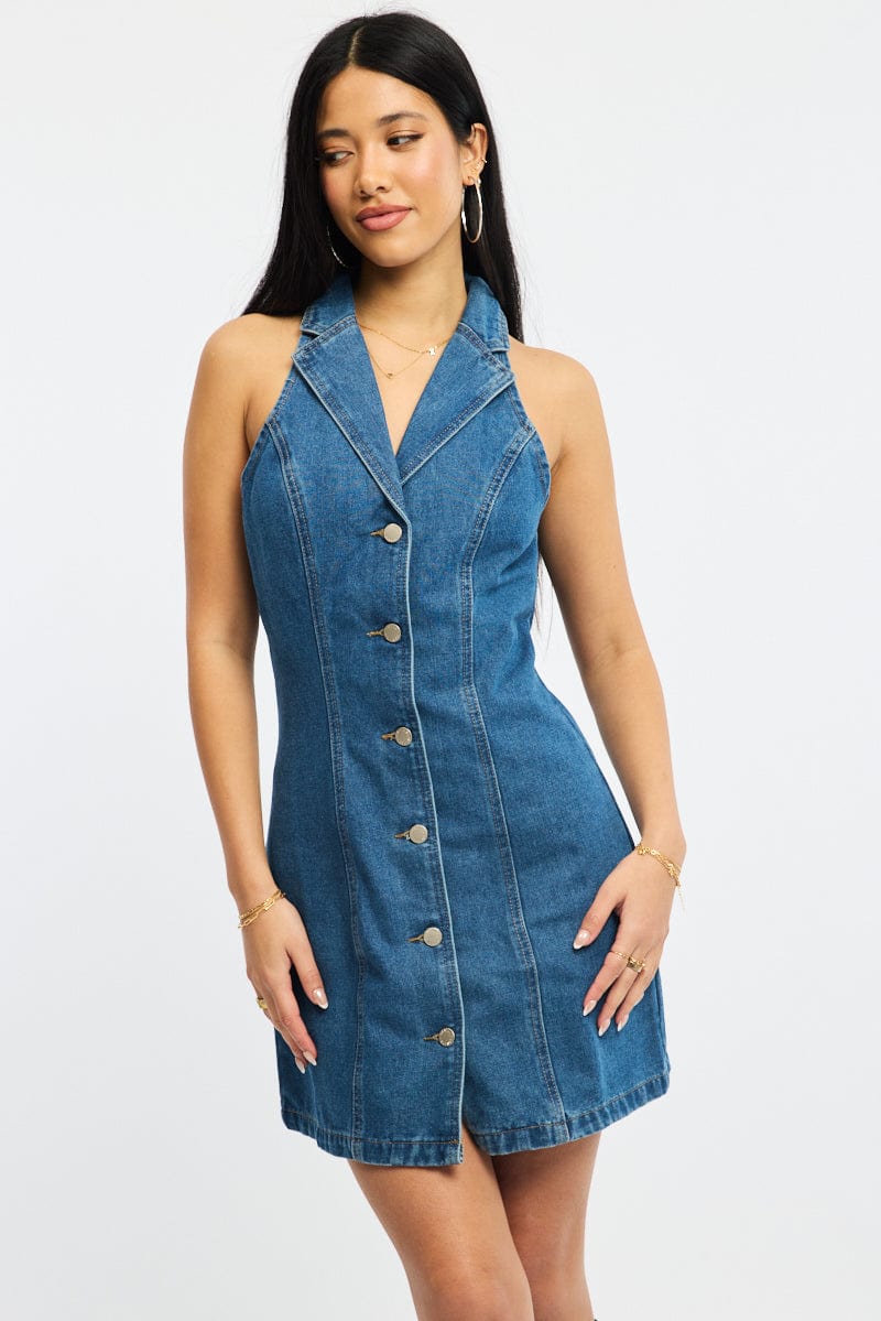 Blue Denim Halter Neck Dress Mini for Ally Fashion