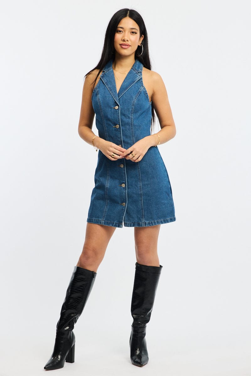 Blue Denim Halter Neck Dress Mini for Ally Fashion