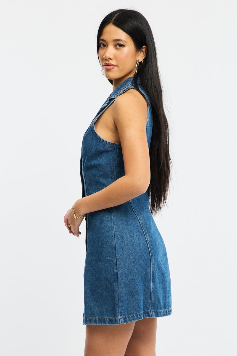 Blue Denim Halter Neck Dress Mini for Ally Fashion