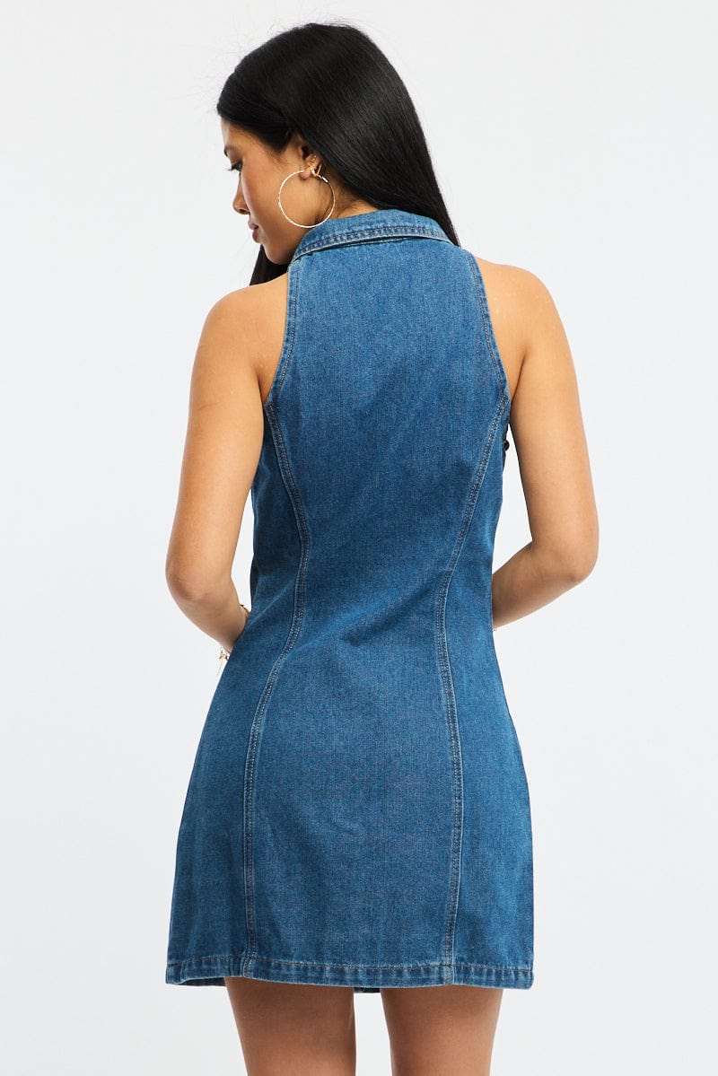 Blue Denim Halter Neck Dress Mini for Ally Fashion