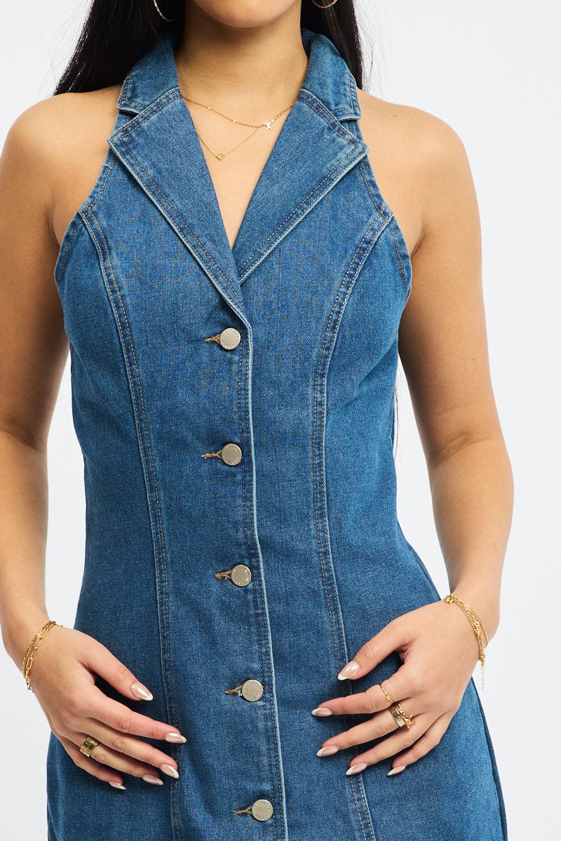 Blue Denim Halter Neck Dress Mini for Ally Fashion