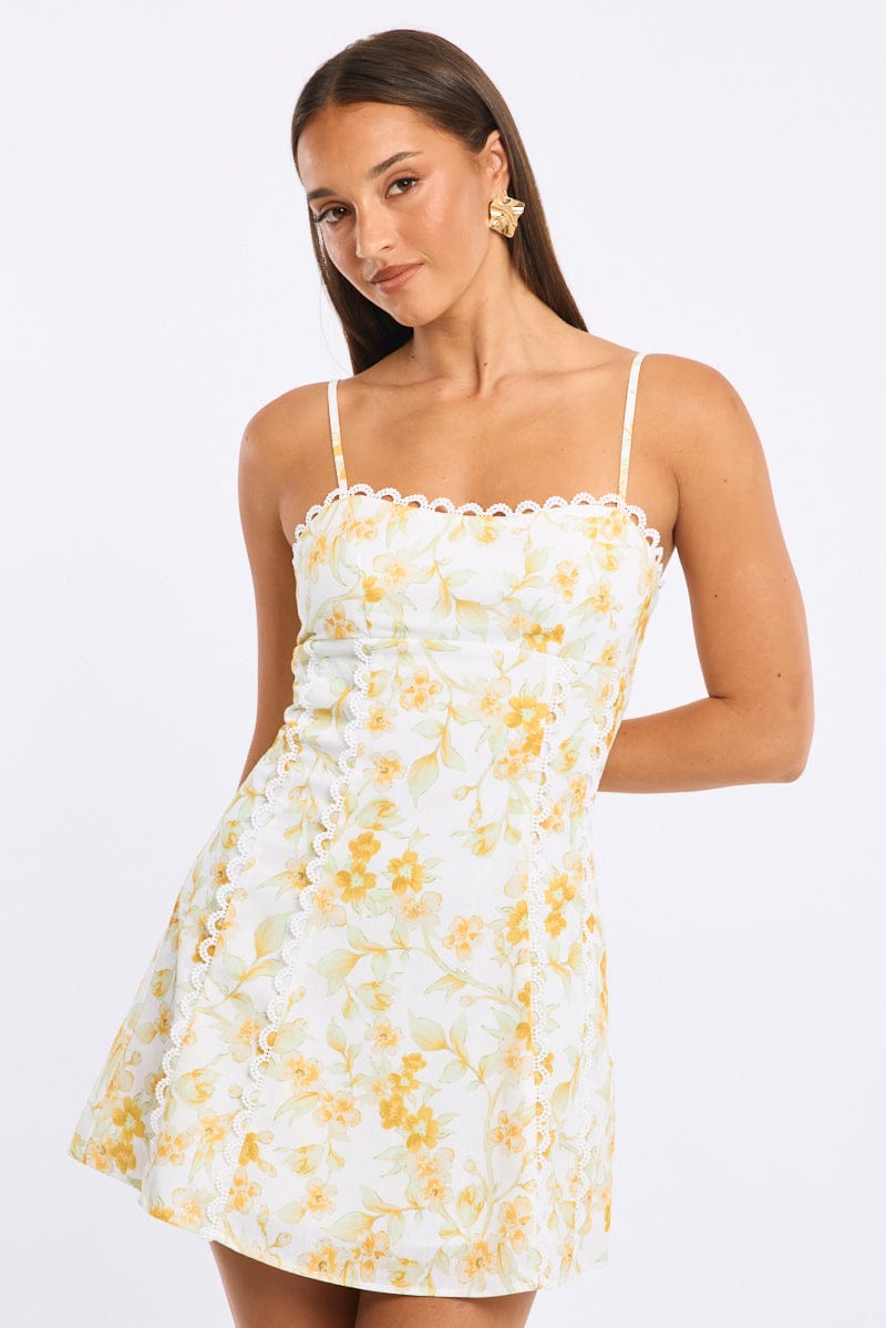 Yellow Floral Mini Dress Strappy for Ally Fashion