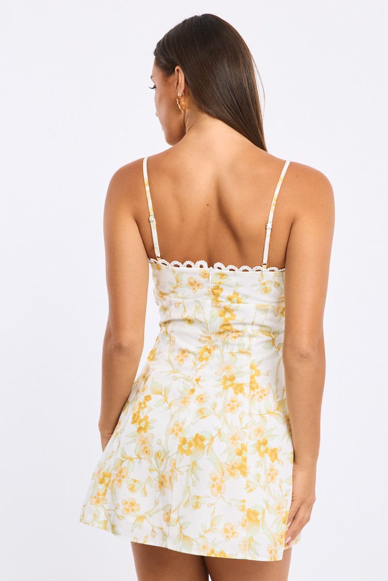 Yellow Floral Mini Dress Strappy for Ally Fashion