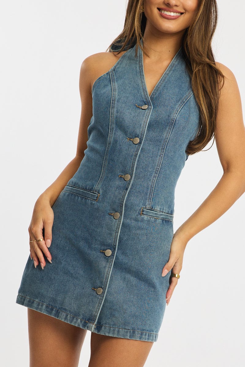 Blue Mini Dress Button Down Halter Neck for Ally Fashion