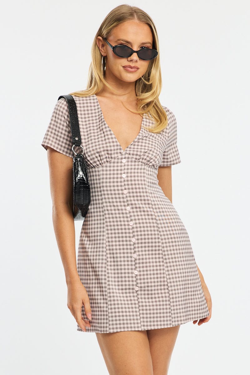 Pink Check Shirt Mini Dress for Ally Fashion
