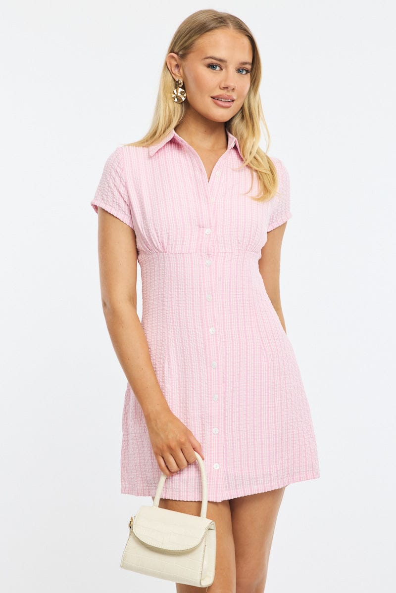 Check Top Pink Mini Pink Check Mini Dress Collared | Ally Fashion