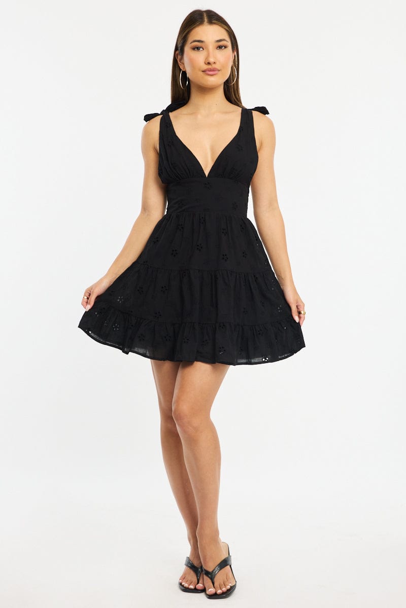 Black Fit And Flare Dress Shoulder Tie Eyelet Fabric