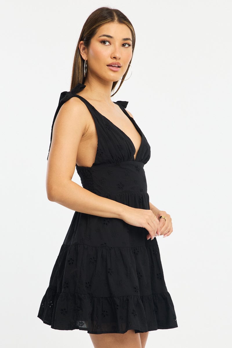 Black Fit And Flare Dress Shoulder Tie Eyelet Fabric for Ally Fashion