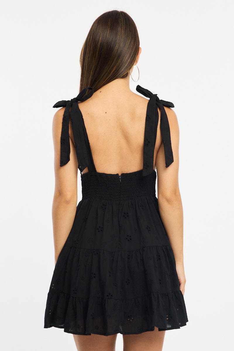 Black Fit And Flare Dress Shoulder Tie Eyelet Fabric for Ally Fashion