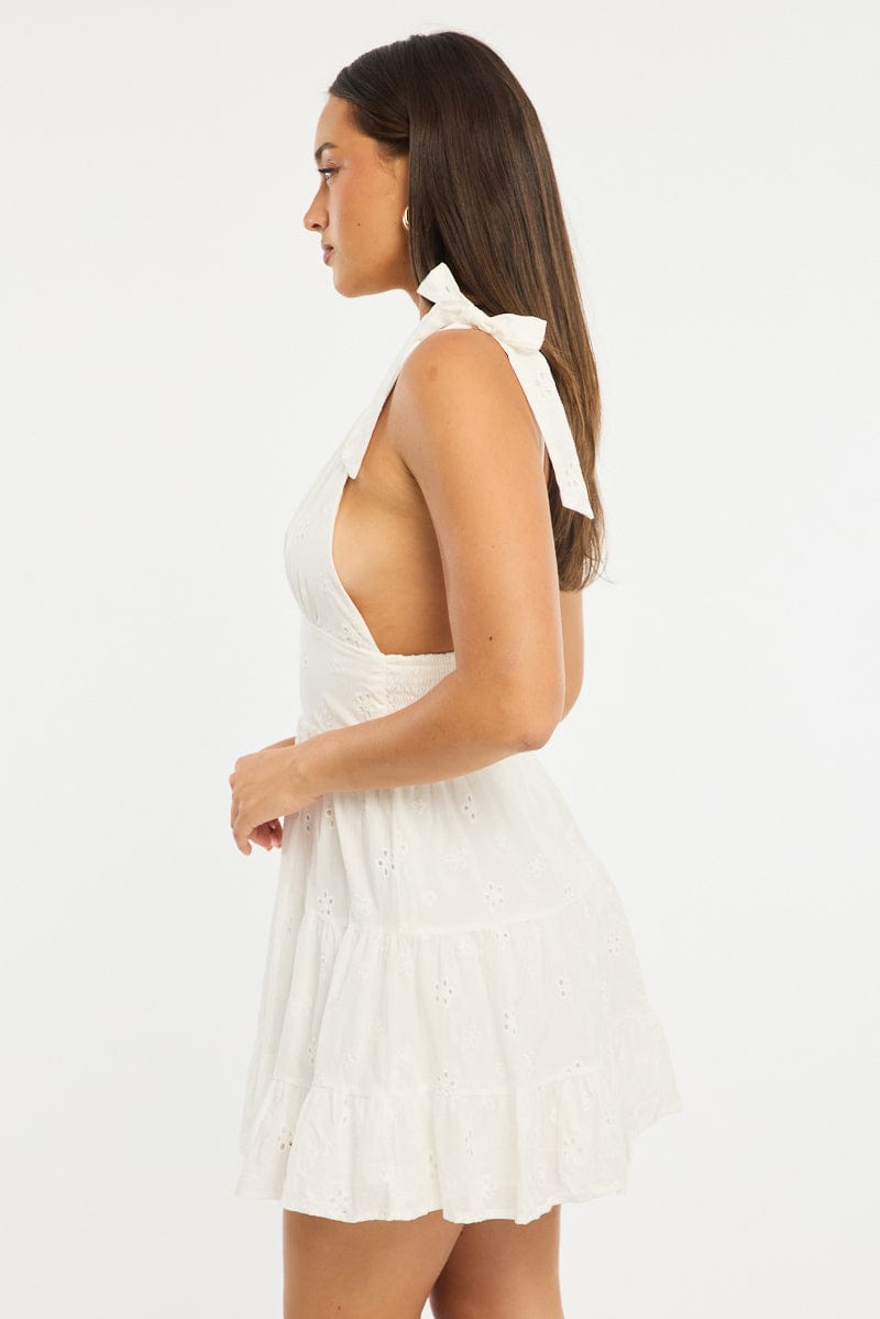White Fit And Flare Dress Shoulder Tie Eyelet Fabric for Ally Fashion