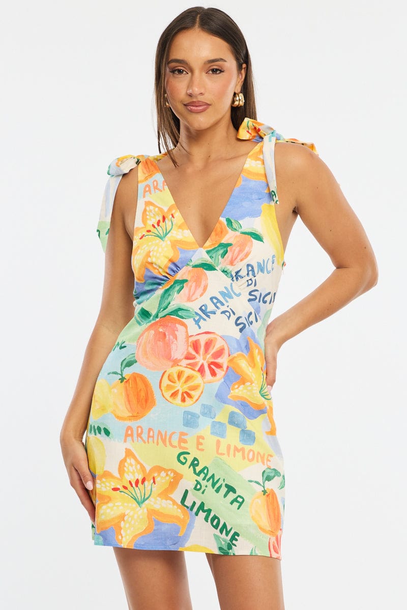 Multi Abstract A Line Mini Dress Sleeveless Linen Blend for Ally Fashion