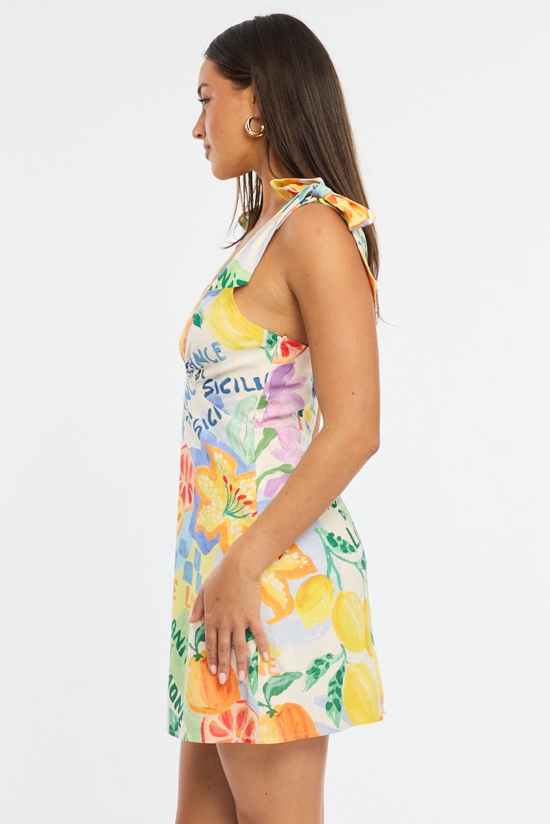 Multi Abstract A Line Mini Dress Sleeveless Linen Blend for Ally Fashion