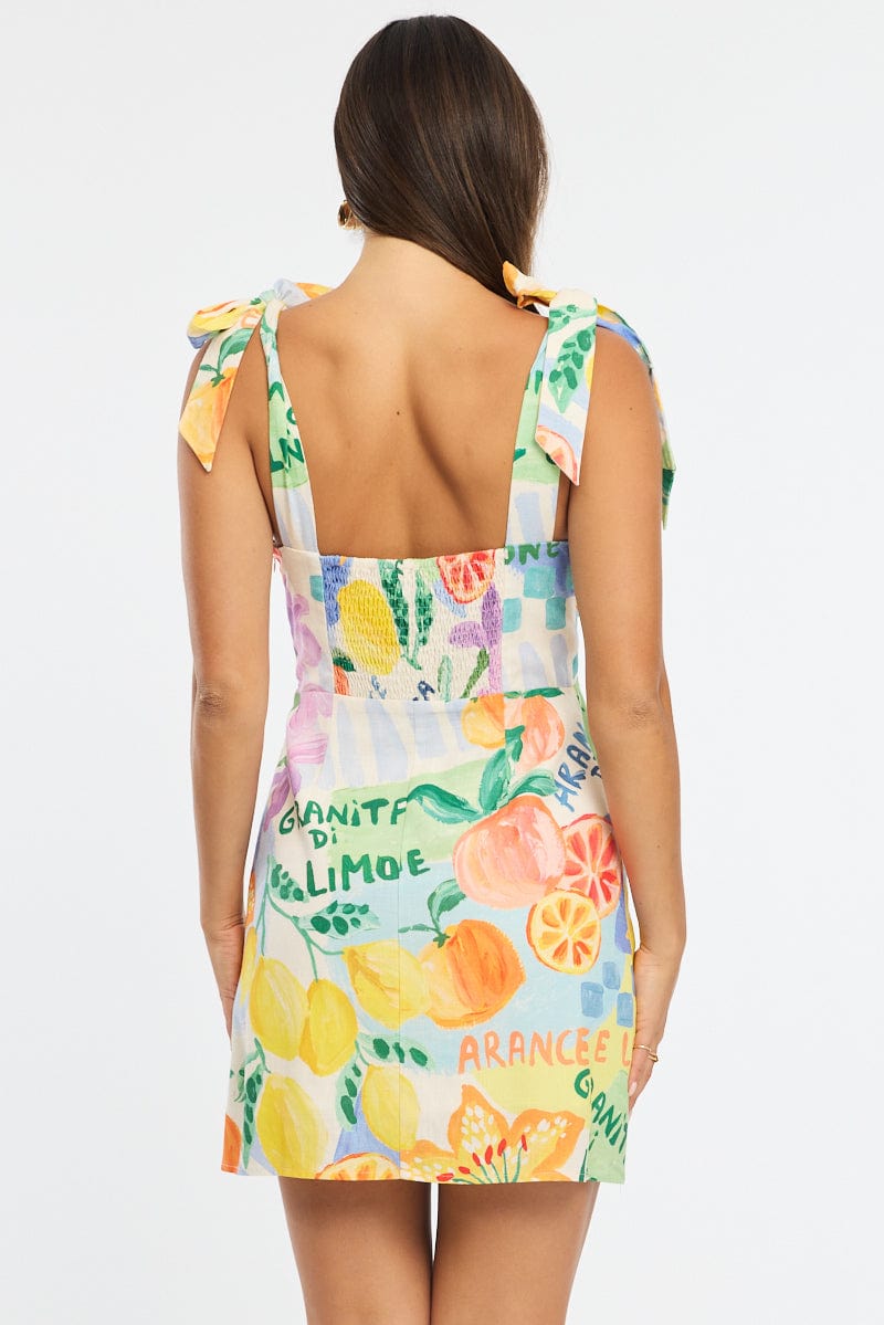 Multi Abstract A Line Mini Dress Sleeveless Linen Blend for Ally Fashion
