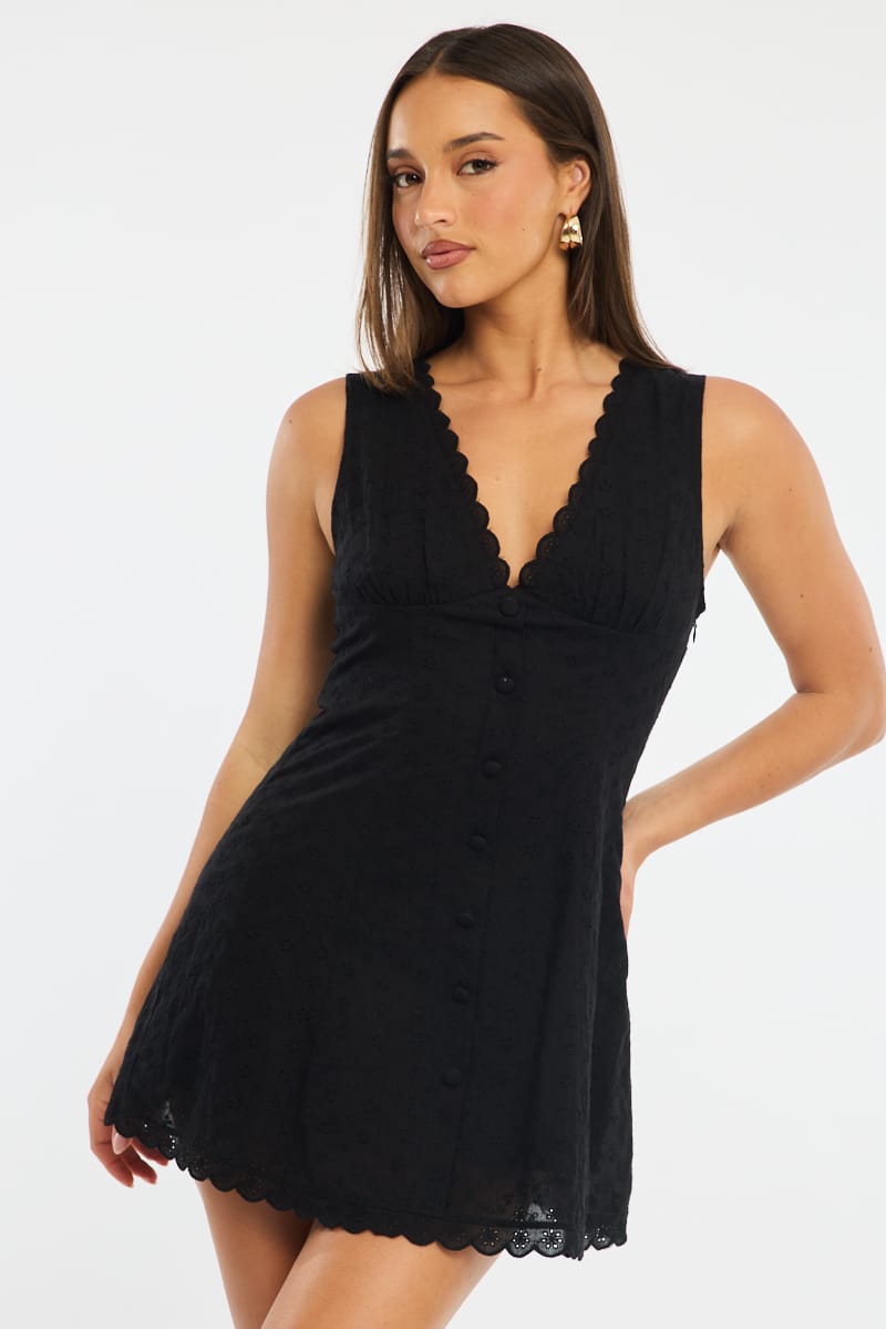 Black Mini Dress Eyelet Fabric for Ally Fashion