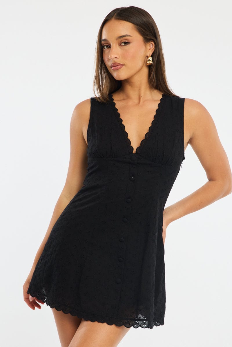 Black Mini Dress V-neck Eyelet Fabric for Ally Fashion