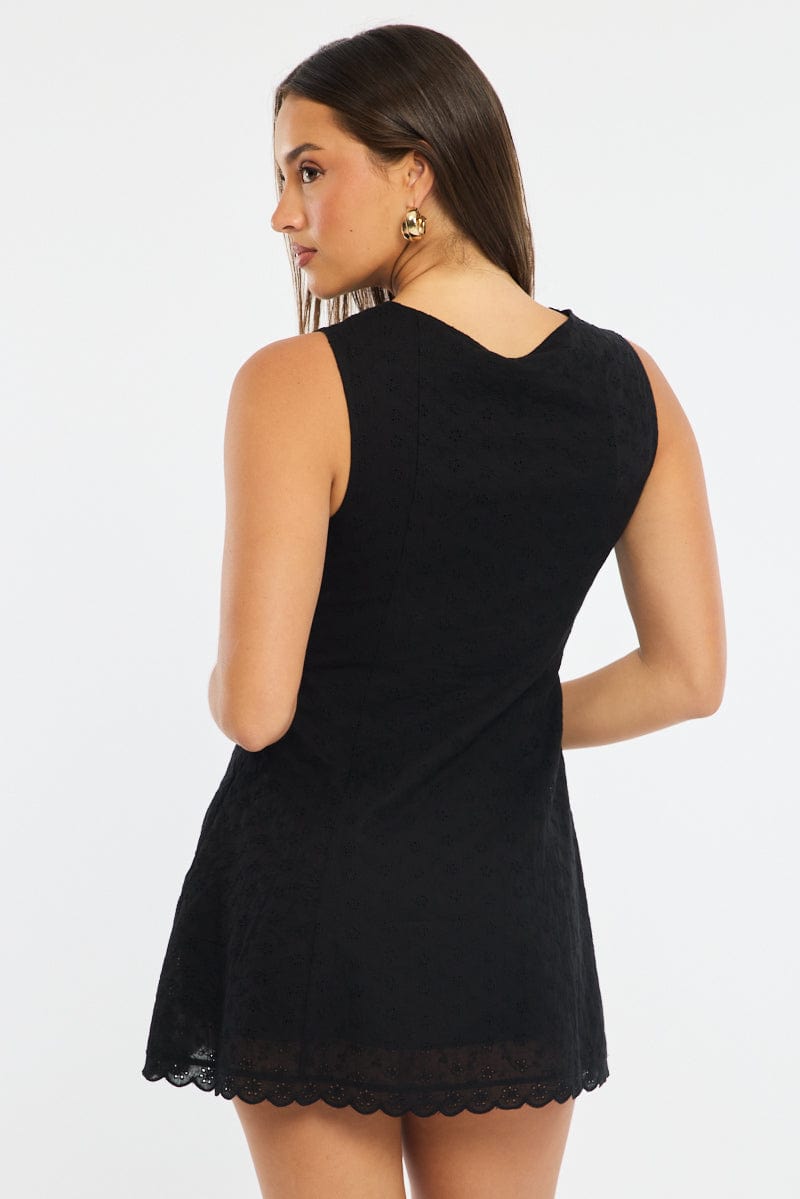 Black Mini Dress V-neck Eyelet Fabric for Ally Fashion