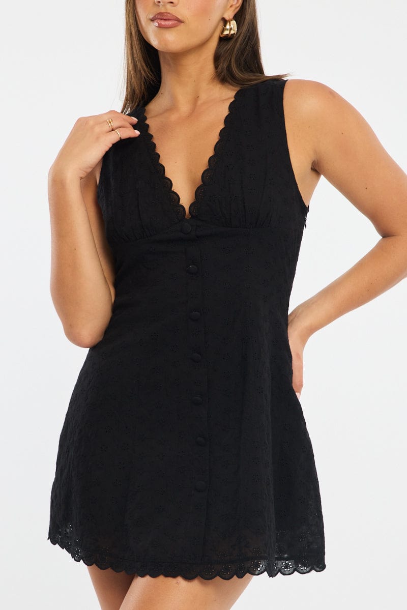 Black Mini Dress V-neck Eyelet Fabric for Ally Fashion