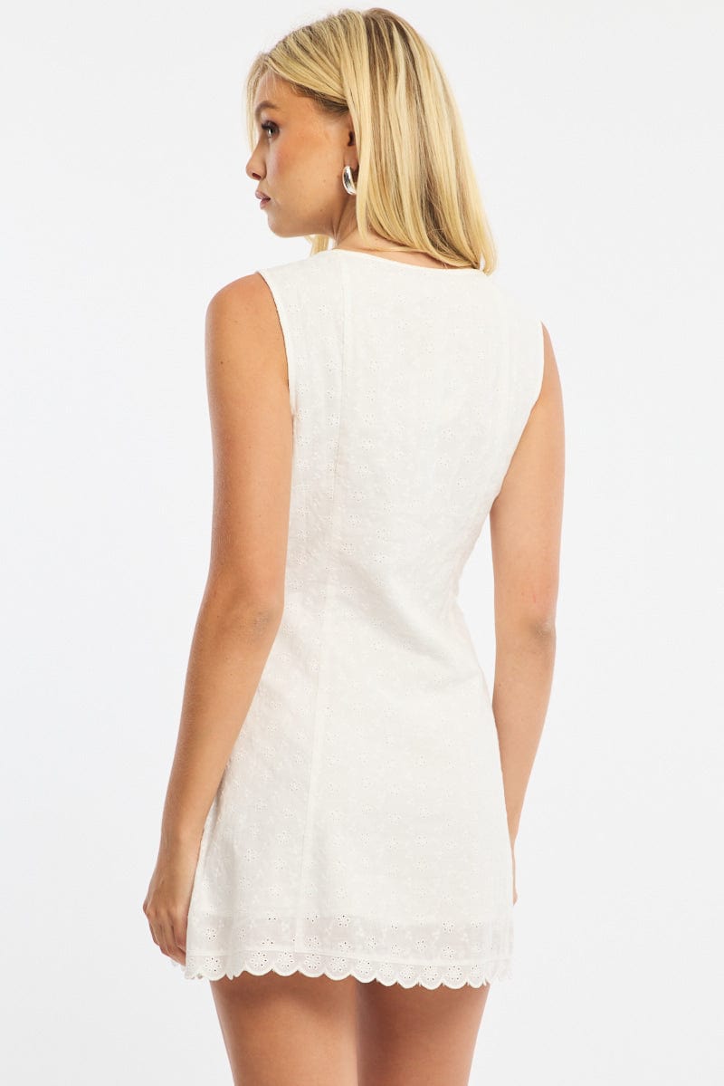 White Mini Dress V-neck Eyelet Fabric for Ally Fashion